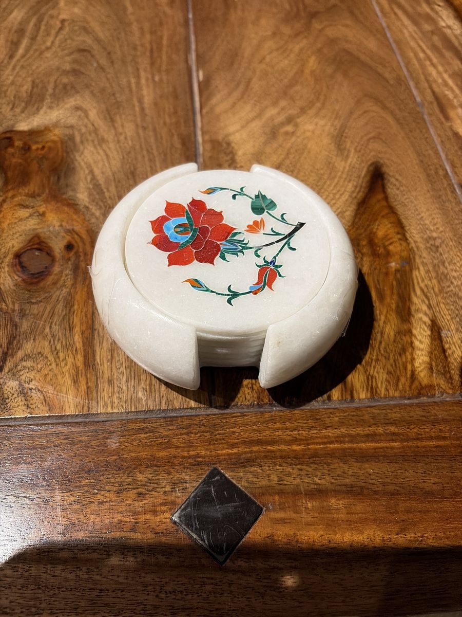 Handcrafted White Marble Coaster Set with Floral Inlay Design - Set of 6 Coasters