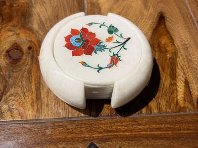 Handcrafted White Marble Coaster Set with Floral Inlay Design - Set of 6 Coasters