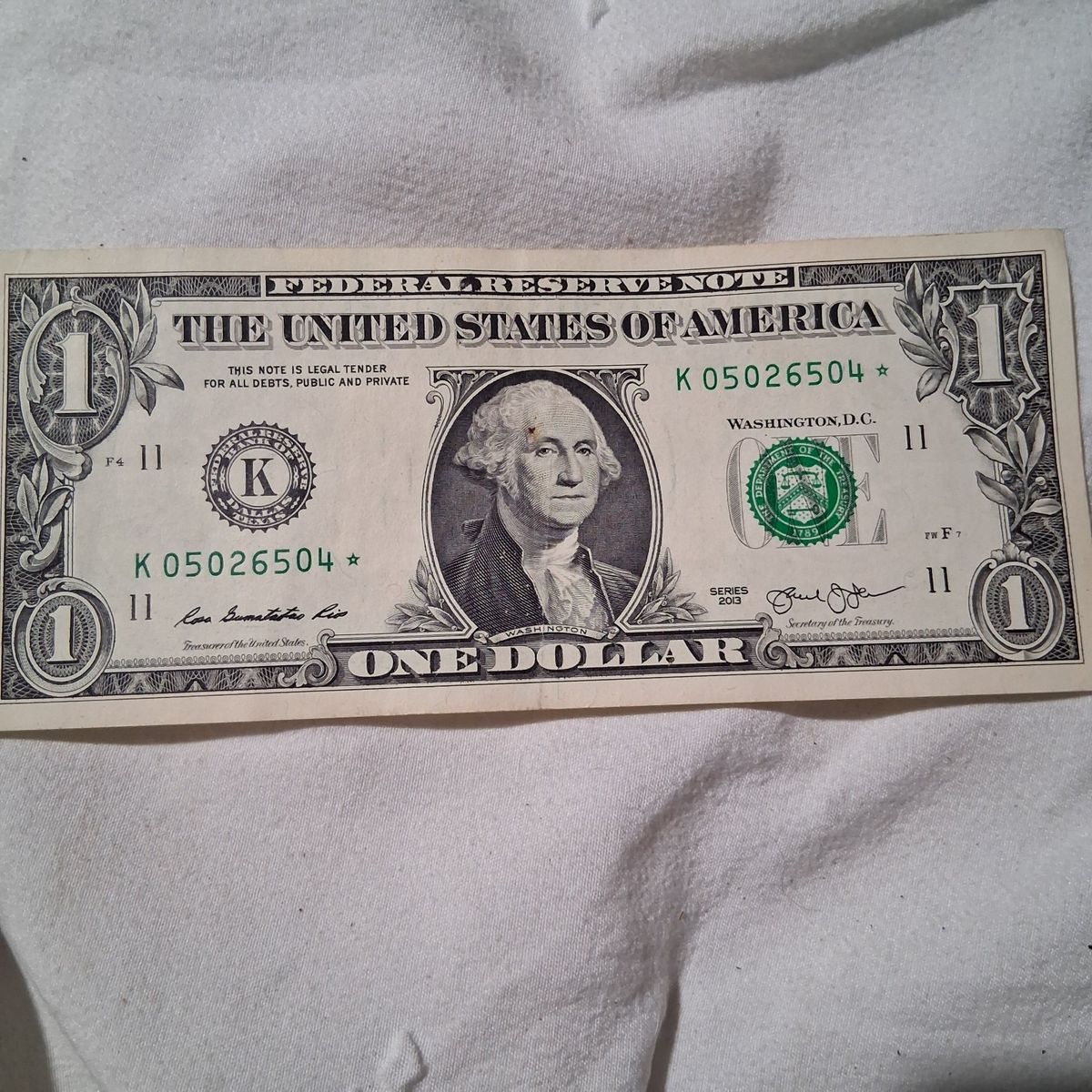 Series 2013 $1 Star Note US Federal Reserve Bank Note Dollar Bill