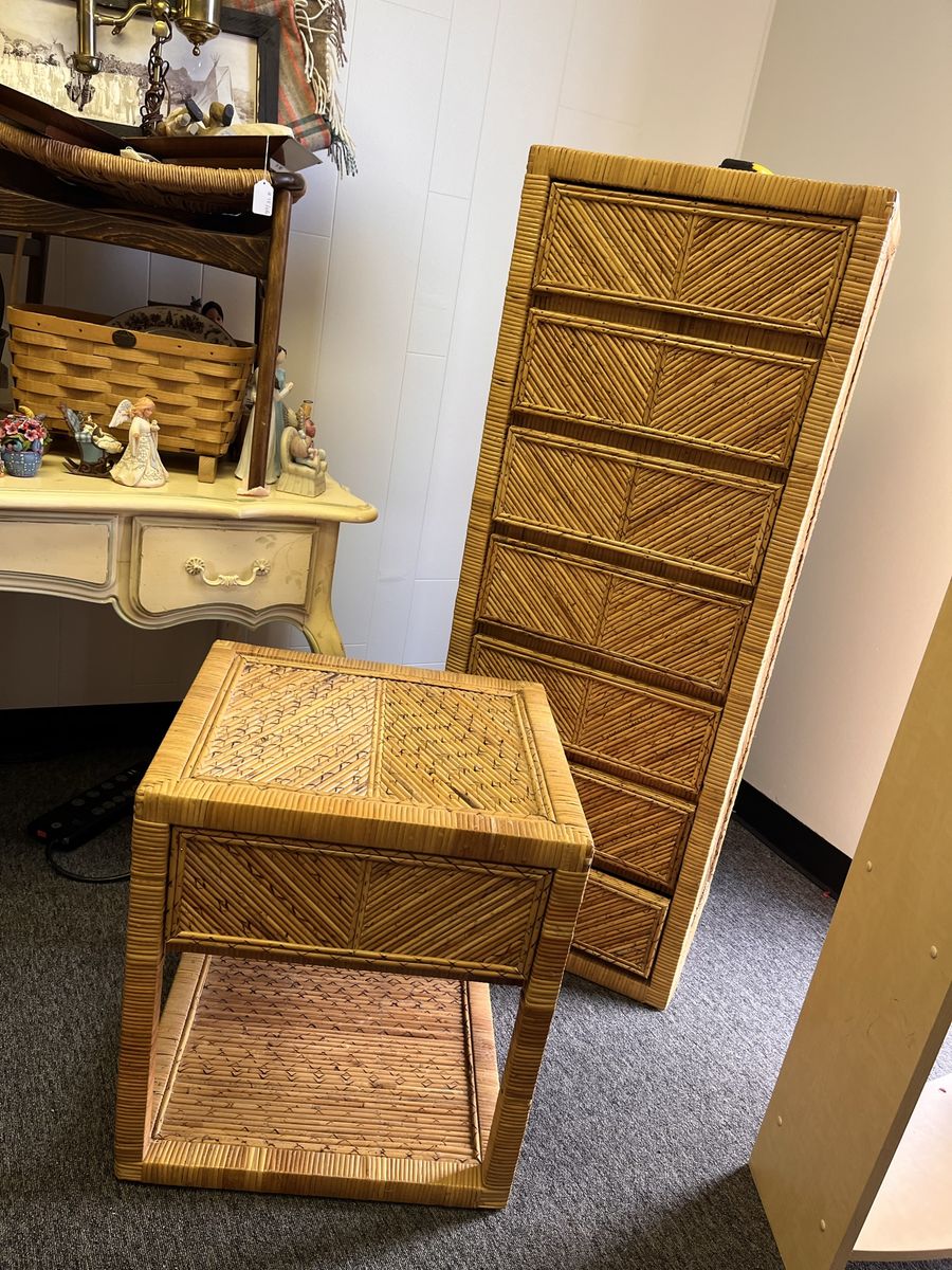 Tall Boy Dresser Rattan Vintage 7 Drawer & Small Drawer / End Table Wicker