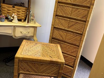 Tall Boy Dresser Rattan Vintage 7 Drawer & Small Drawer / End Table Wicker