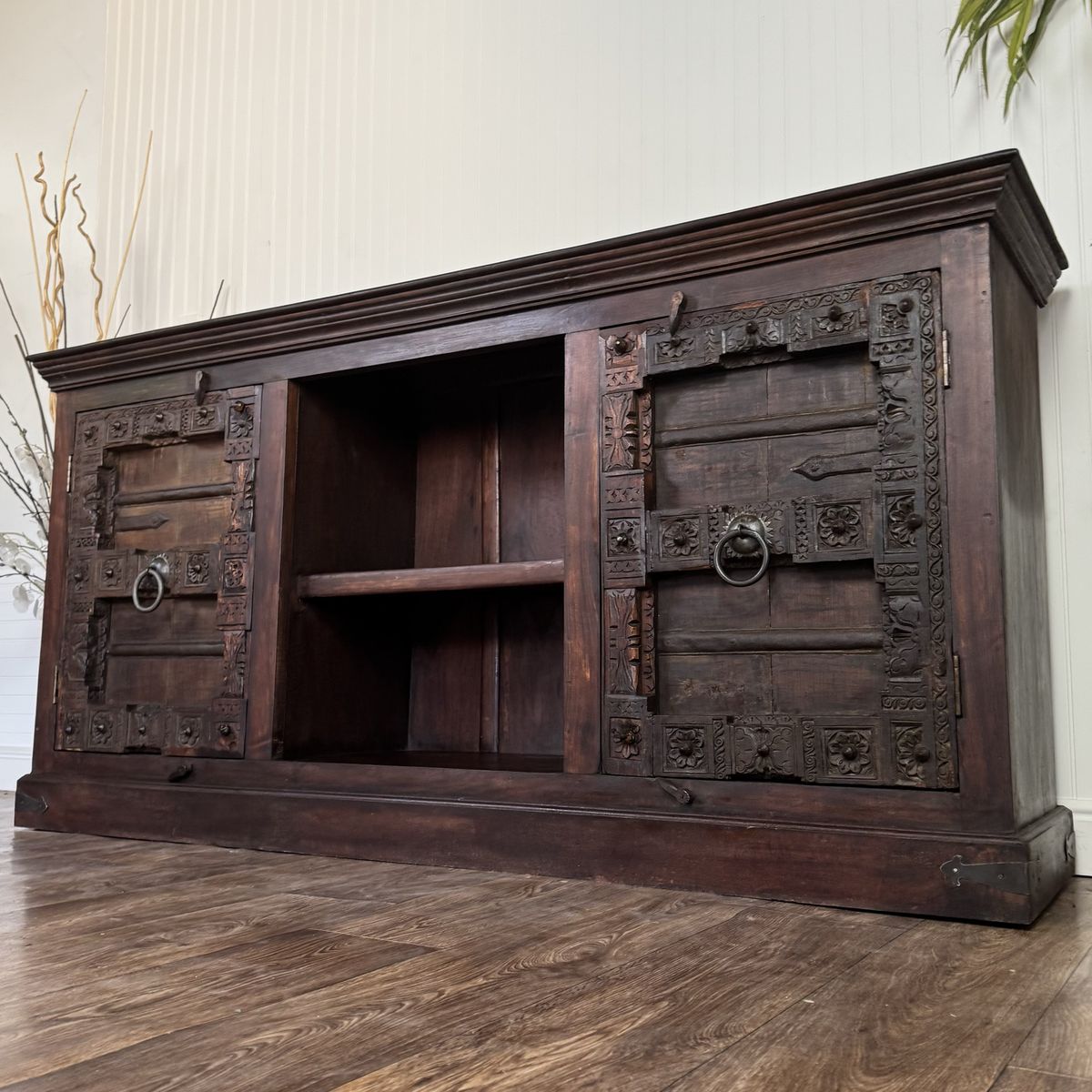 Vintage Hand-Carved Solid Wood Credenza, Sideboard, or Media Console