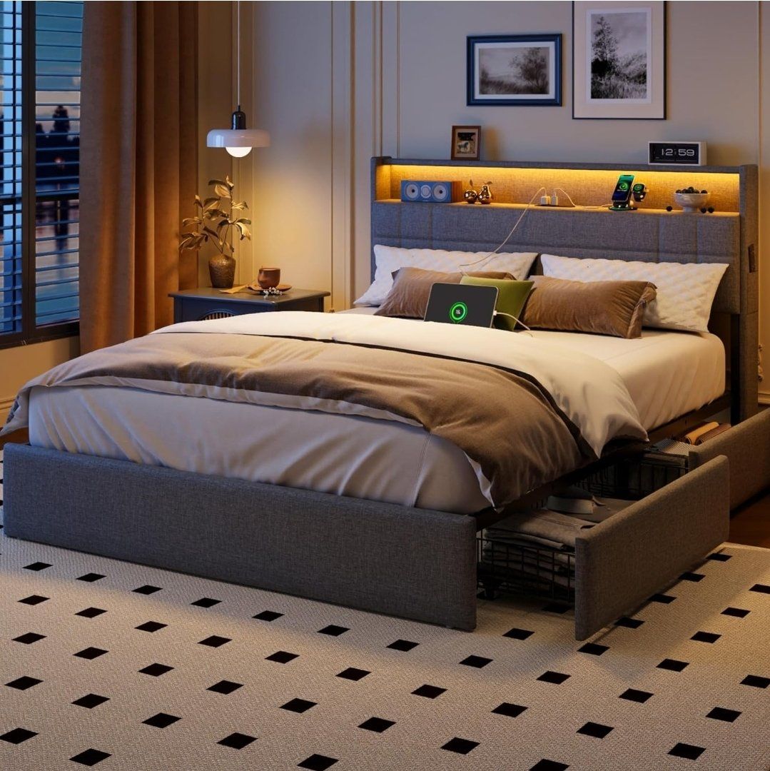 Brand New Queen Bed Frame w/ 4 Storage Drawers, LED Lights, Charging Station & Headboard Shelf  #462