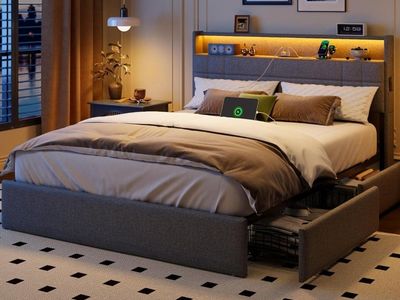 Brand New Queen Bed Frame w/ 4 Storage Drawers, LED Lights, Charging Station & Headboard Shelf #462