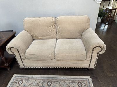 3-Piece Beige Fabric Living Room Set - Loveseat, Armchair, and Matching Ottoman with Nailhead Trim