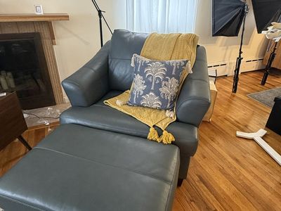 Smoke Blue Leather Chair with Ottoman