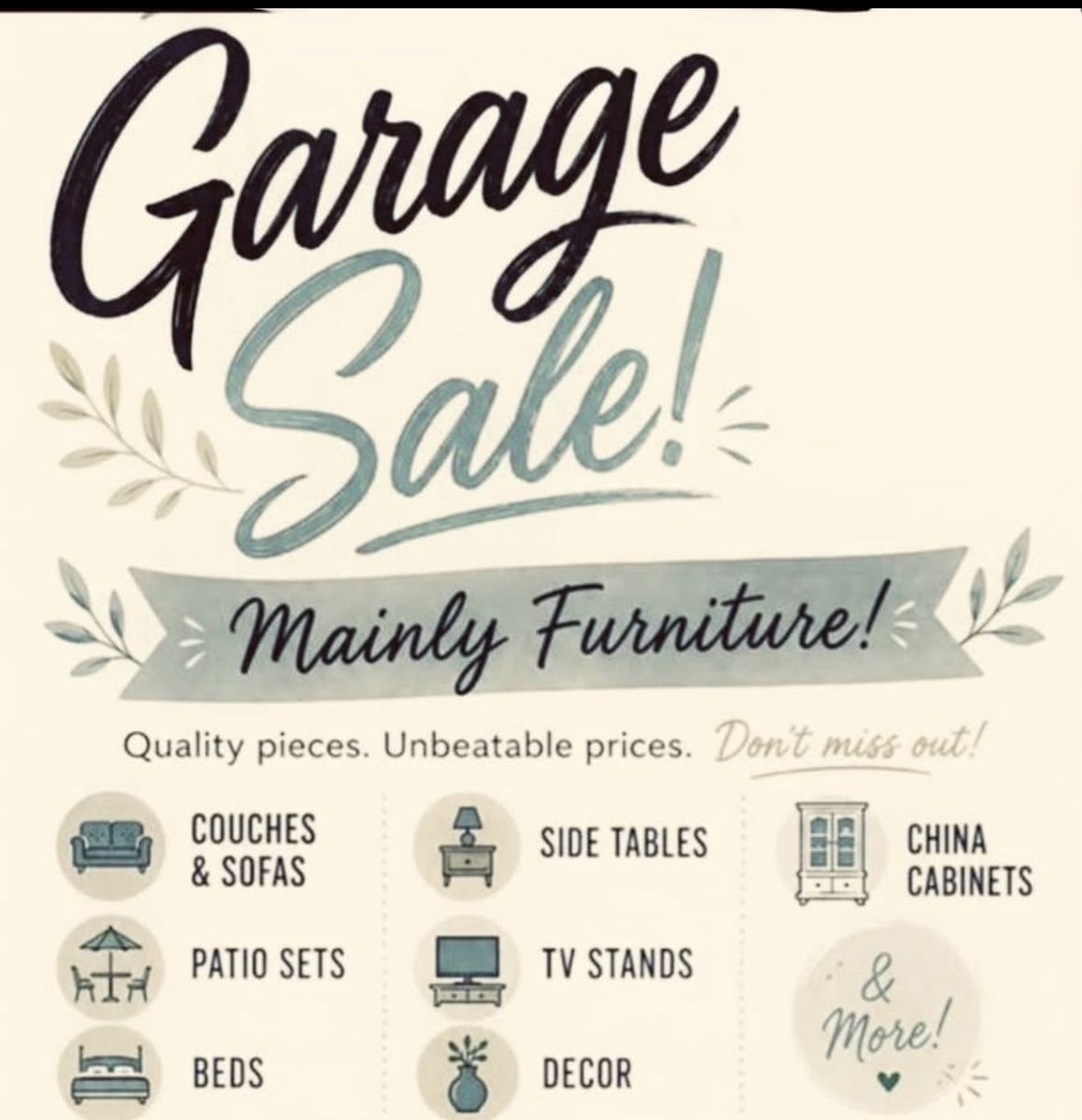 Multi-Item Garage Sale Featuring Furniture, Couches, Tables, and Decor