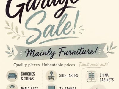 Multi-Item Garage Sale Featuring Furniture, Couches, Tables, and Decor