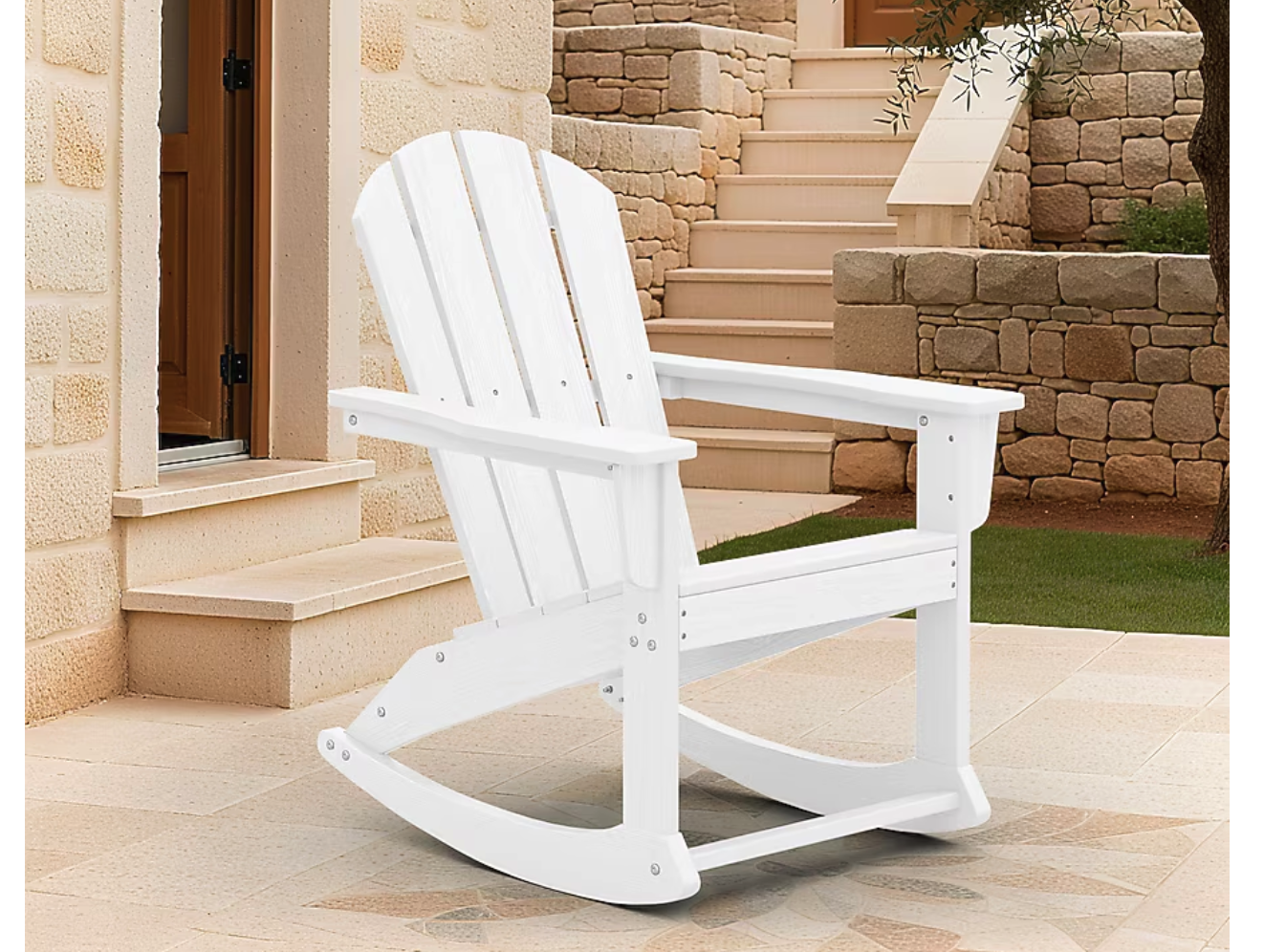 Brand New Patio Rocking Chair with Wide Armrest White HDPE Frame Rocking Chair with Slat Seat