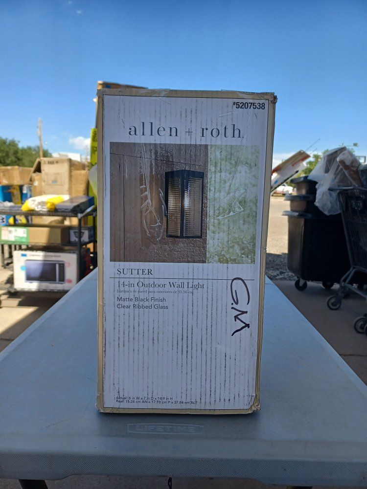 Allen + Roth Sutter 14-inch Outdoor Wall Light - Matte Black Finish, Clear Ribbed Glass