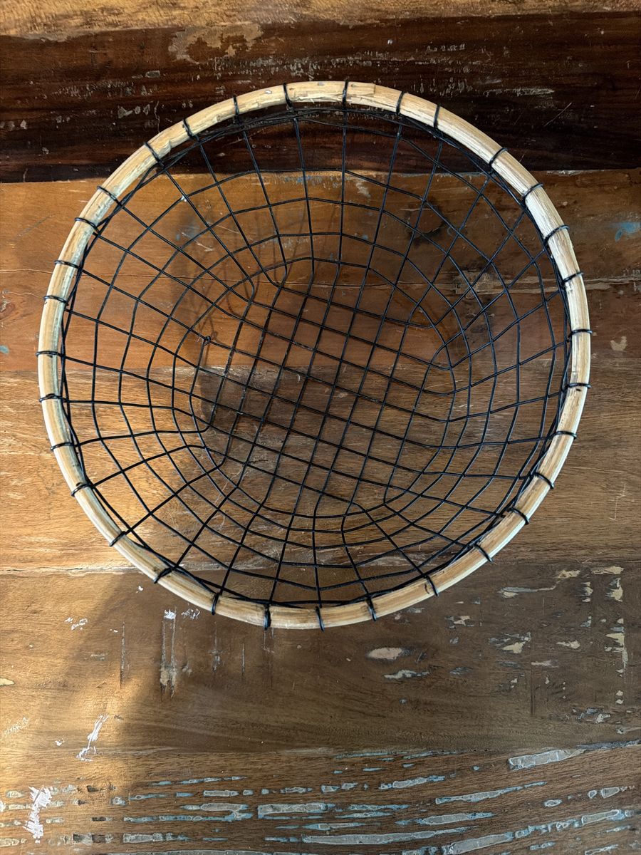 Anthropologie Round Black Wire and Bamboo Basket - Decorative Storage Bowl for Home Decor. Fruit basket