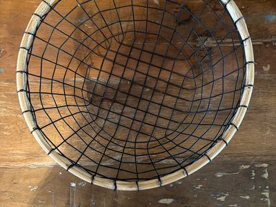 Anthropologie Round Black Wire and Bamboo Basket - Decorative Storage Bowl for Home Decor. Fruit basket