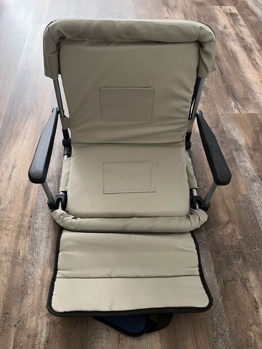 Blue and Tan Portable Folding Stadium Chair with Armrests and Storage