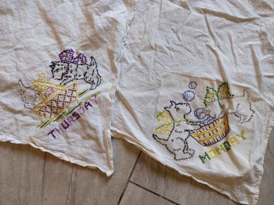 Vintage 40s to 60s Hand-Embroidered Scottie Dog Kitchen Towels - Monday & Thursday Set, Farmhouse/Cottagecore /Grandma Decor