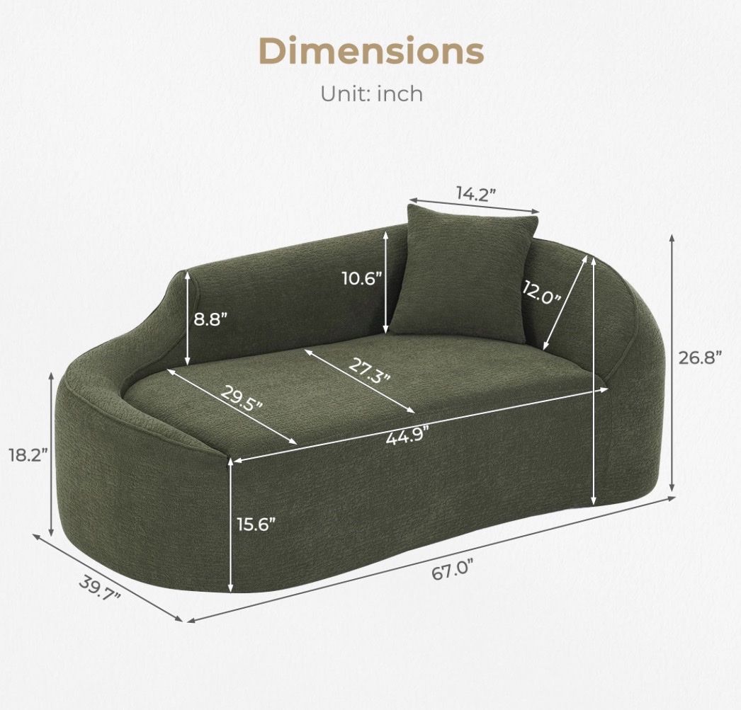 Modern Olive Green Upholstered Curved Chaise Lounge Chair with Matching Accent Pillow