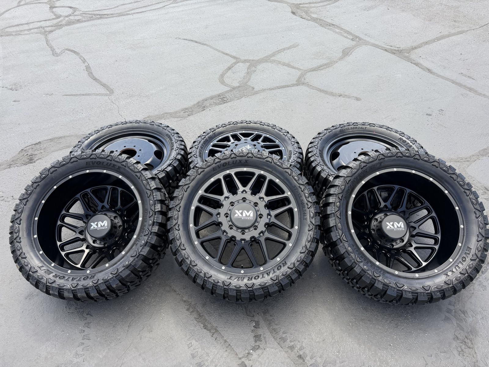 6 Dually DRW 24 inch XM 37x13.50r24 8x200 Ford F350 Ram 3500 wheels and tires Black 8 lug Cummins Powerstroke 