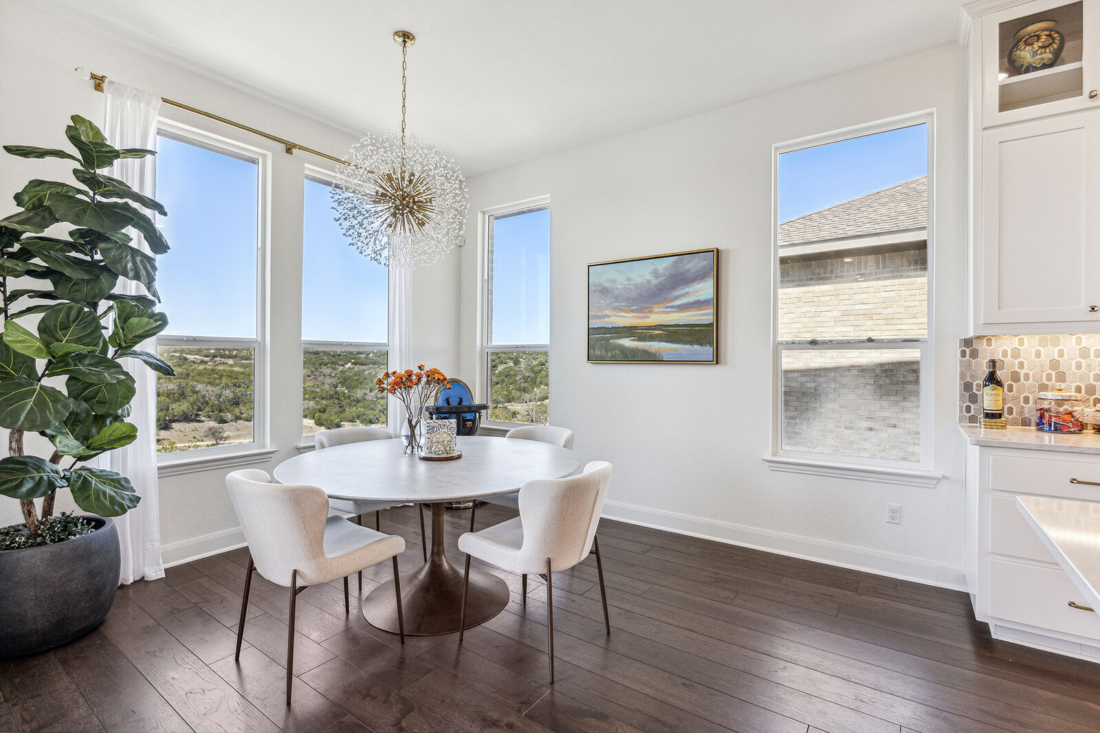 RH – Kitchen marble table + Arhaus – Kitchen table chairs (x4) Retail $7,395 | Sale $4,750