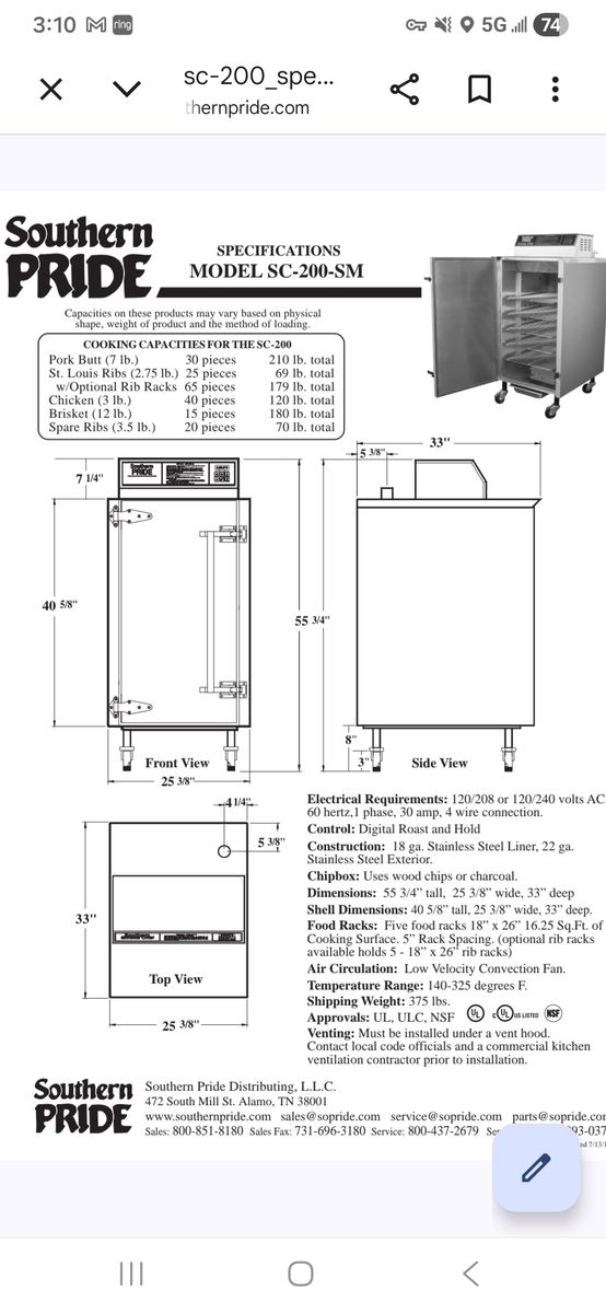 Southern Pride Electric Smoker for indoor or outdoor smoking for your Restaurant/Kitchen
