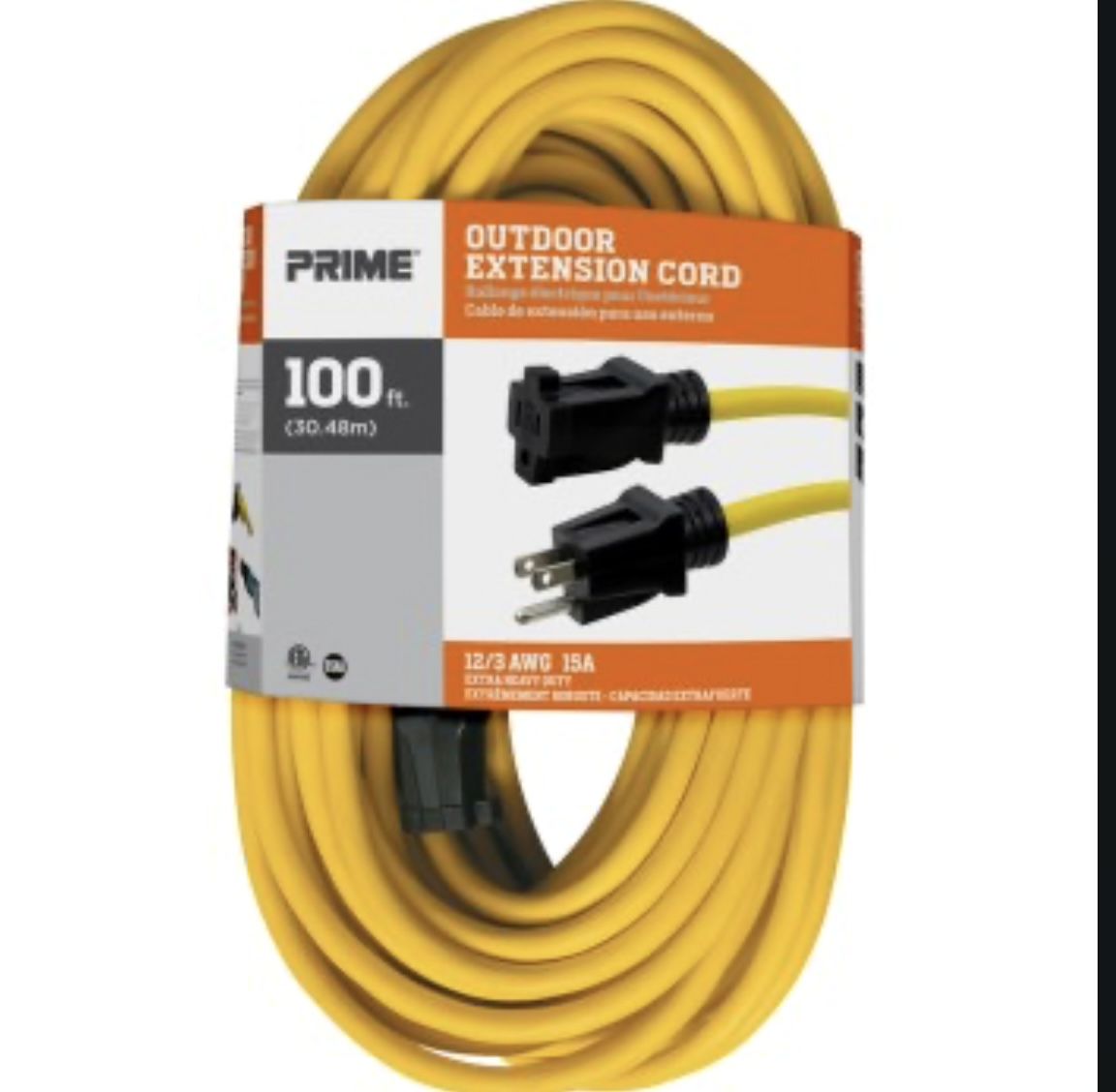 Prime Outdoor Extension Cord, 100 ft, 12/3 AWG, 15A - Heavy Duty Yellow Power Cable