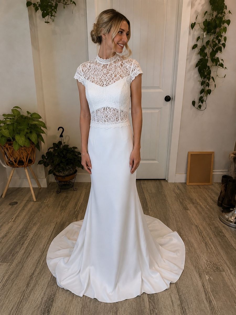 Stunning White Mock Neck Lace Bodice Mermaid Wedding Dress with Train