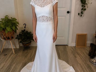 Stunning White Mock Neck Lace Bodice Mermaid Wedding Dress with Train