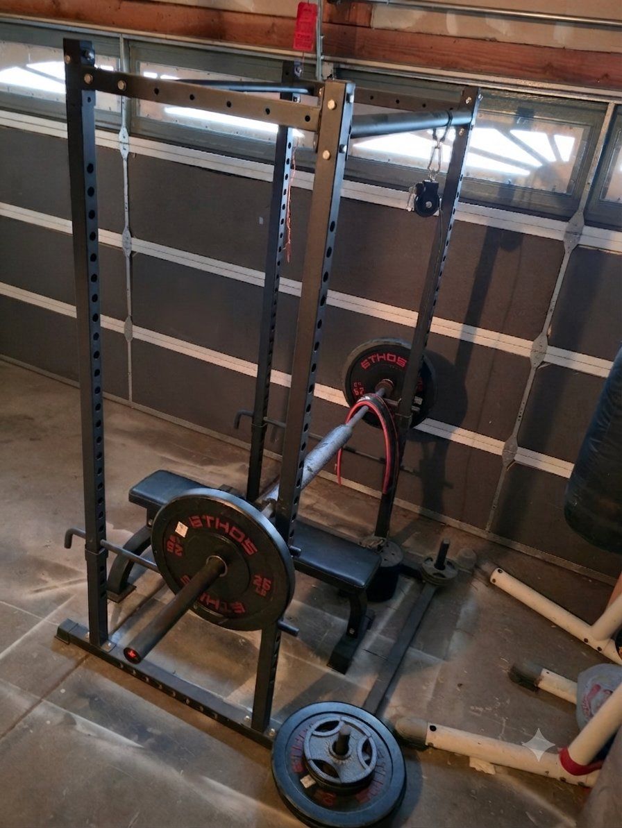 Power Rack, Bench, Barbell, Bumper plates, Squat rack