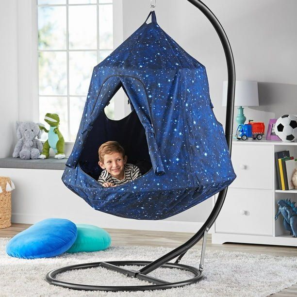 Kids Hanging Hammock Chair Swing with Stand - Space/Stars Pattern, 75.6" H x 39.4" D