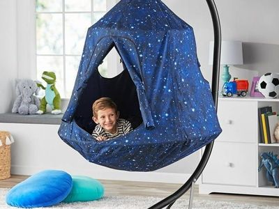 Kids Hanging Hammock Chair Swing with Stand - Space/Stars Pattern, 75.6" H x 39.4" D