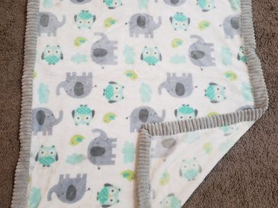 Baby Blanket Soft Fleece Elephant Owl Print with Grey Trim