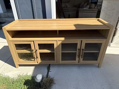 Light Wood TV Stand Media Console with Glass Doors and Shelves