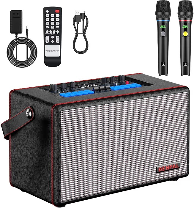 RETRO KARAOKE MACHINE WITH TWO WIRELESS MICROPHONES, PORTABLE BLUETOOTH SPEAKER FOR HOME, PARTY-NEW IN ORIGINAL BOX!!!