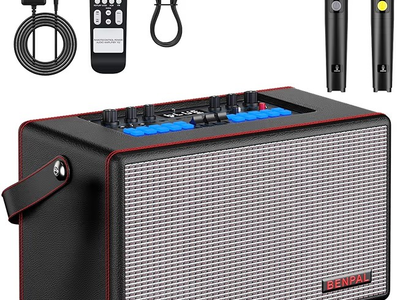 RETRO KARAOKE MACHINE WITH TWO WIRELESS MICROPHONES, PORTABLE BLUETOOTH SPEAKER FOR HOME, PARTY-NEW IN ORIGINAL BOX!!!