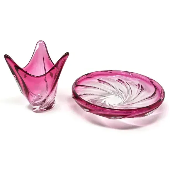 Vintage Val Saint Lambert Cranberry Crystal Bowl + Vase – Belgium – 1950s