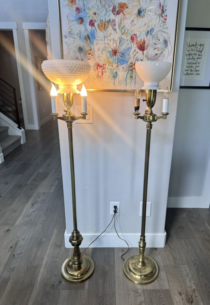 Vintage Stiffel Brass Floor Lamps Milkglass