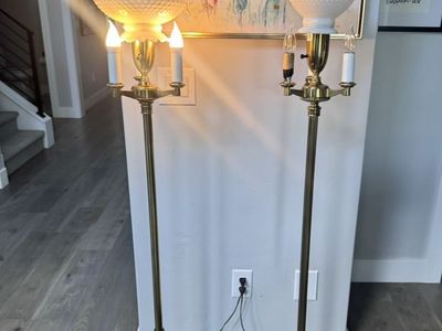 Vintage Stiffel Brass Floor Lamps Milkglass
