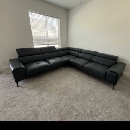 Blue Leather L-Shaped Sectional Sofa with Adjustable Headrests