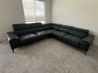Blue Leather L-Shaped Sectional Sofa with Adjustable Headrests