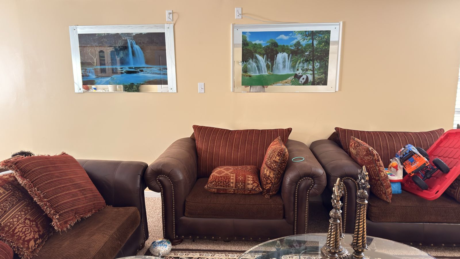 Luxurious Brown Leather & Fabric Sofa, Loveseat, Armchair Set - Excellent Condition