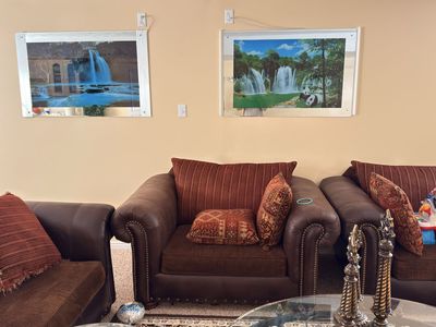 Luxurious Brown Leather & Fabric Sofa, Loveseat, Armchair Set - Excellent Condition