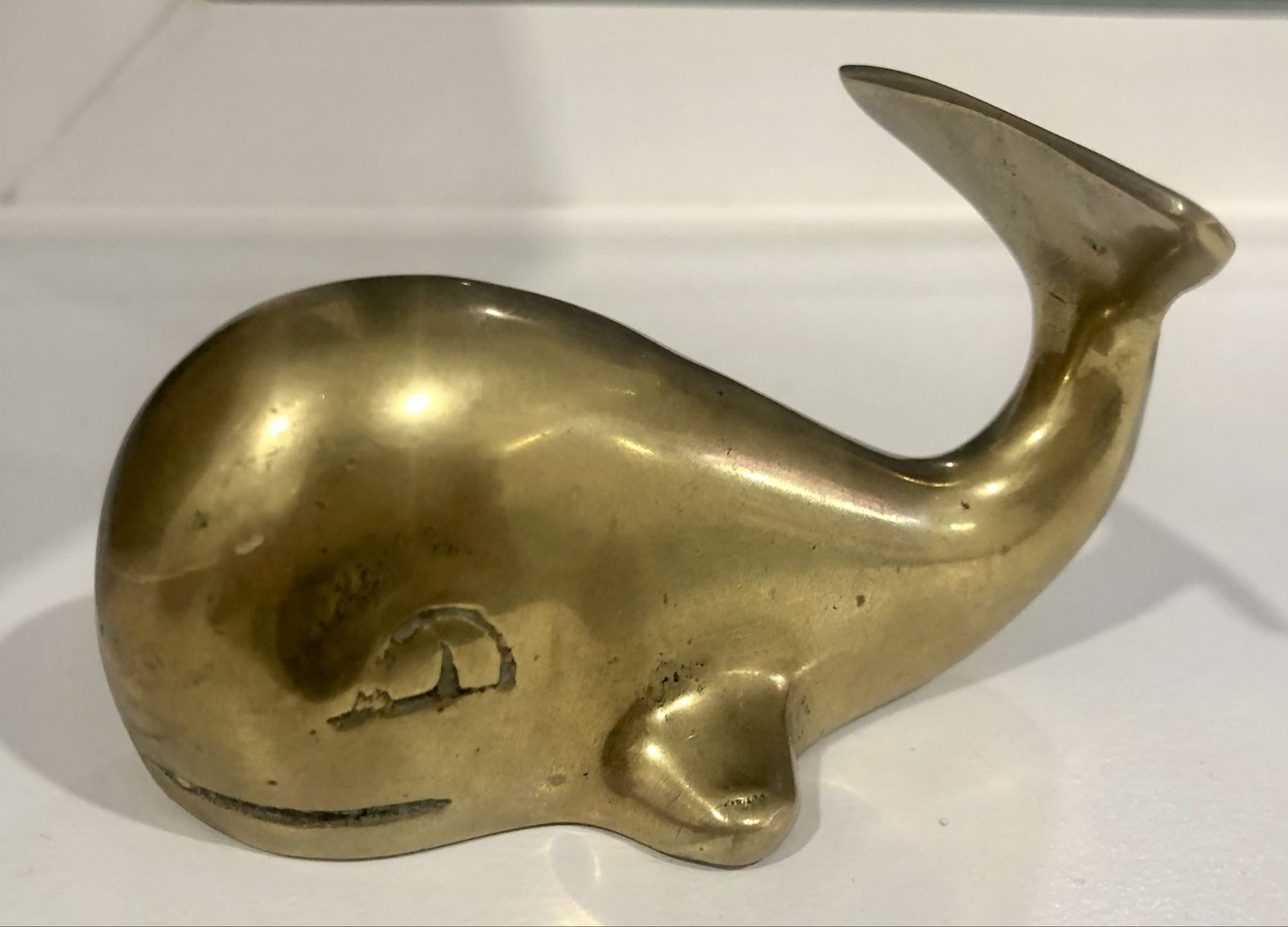 Vintage Brass Whale Figurine Paperweight Coastal Nautical Decor Heavy Solid Metal