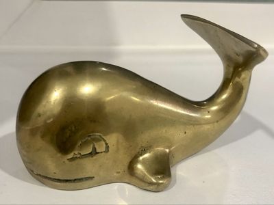 Vintage Brass Whale Figurine Paperweight Coastal Nautical Decor Heavy Solid Metal