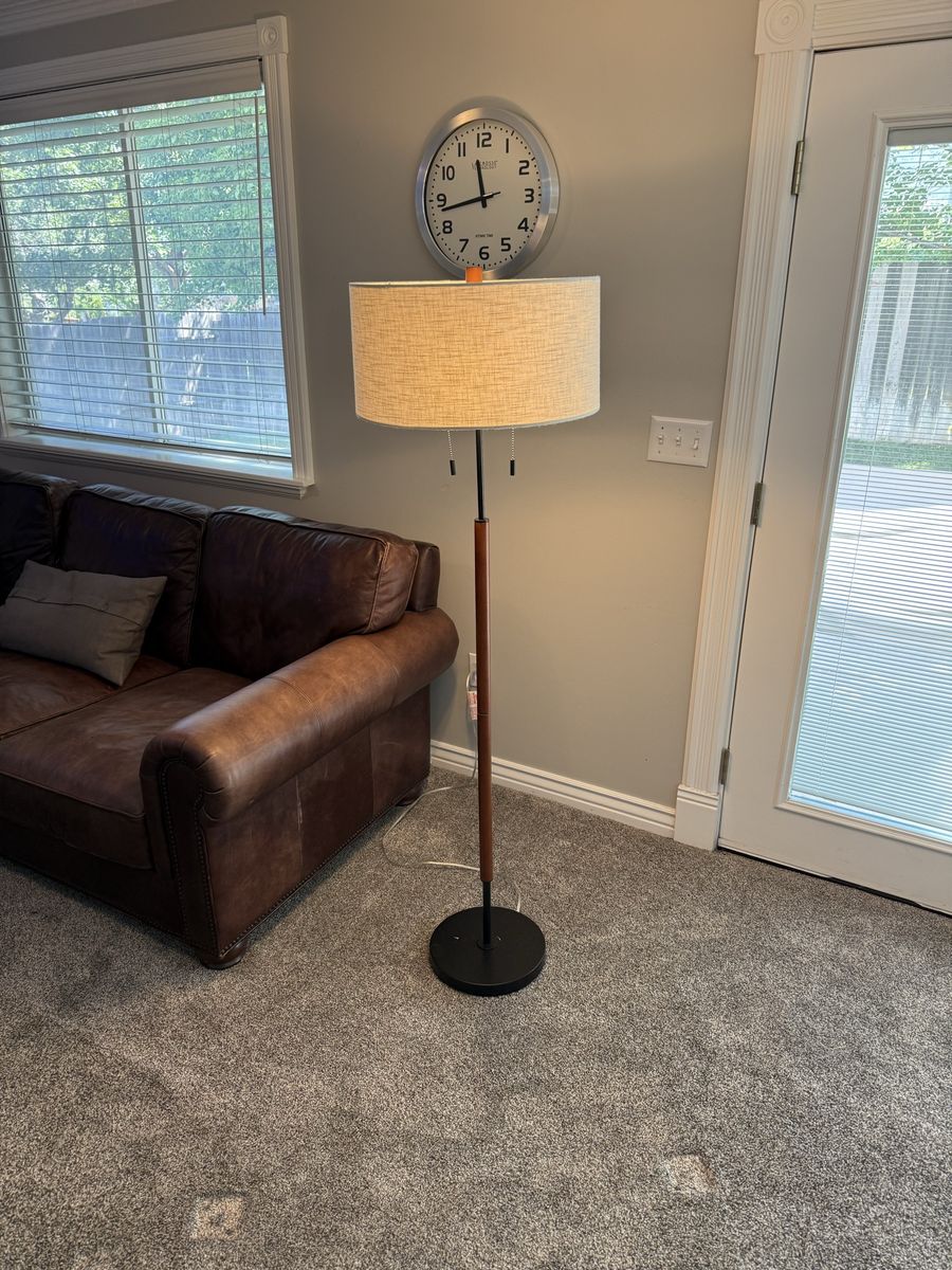Modern Floor Lamp with Linen Shade & Wood-Tone Stand