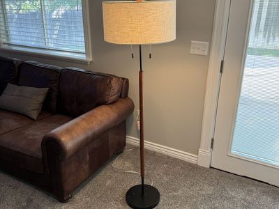 Modern Floor Lamp with Linen Shade & Wood-Tone Stand