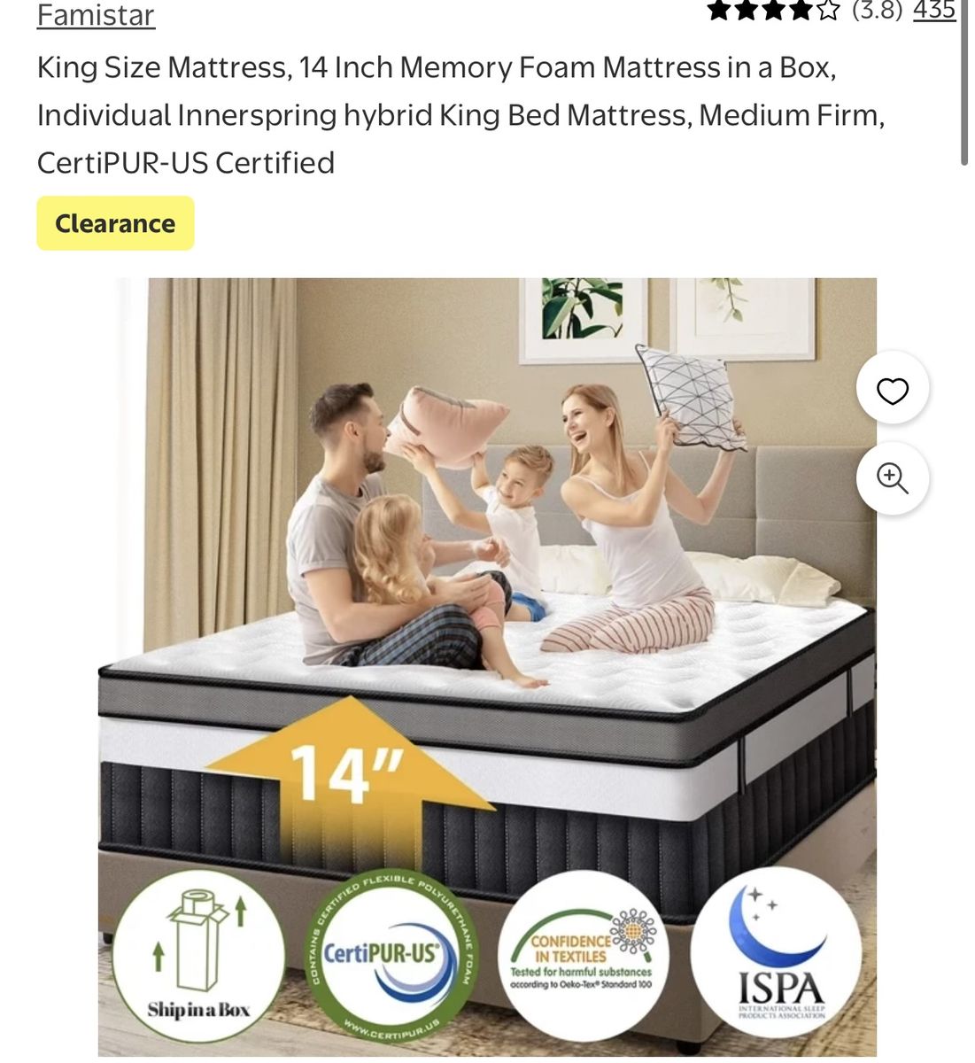 Famistar King Size 14" Memory Foam Hybrid Mattress, Medium Firm, CertiPUR-US Certified
