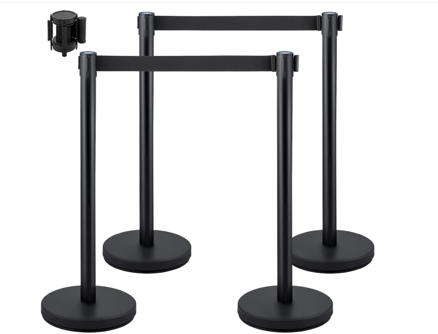 VEVOR Crowd Control Stanchion Set, Stanchion Set with 6.6 ft/2 m Black Retractable Belt, Black Crowd Control Barrier w/Concrete