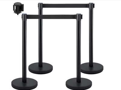 VEVOR Crowd Control Stanchion Set, Stanchion Set with 6.6 ft/2 m Black Retractable Belt, Black Crowd Control Barrier w/Concrete