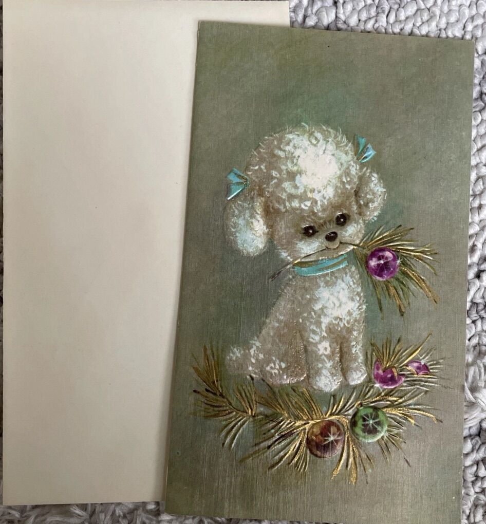 Vintage Christmas card white Poodle Dog Blue