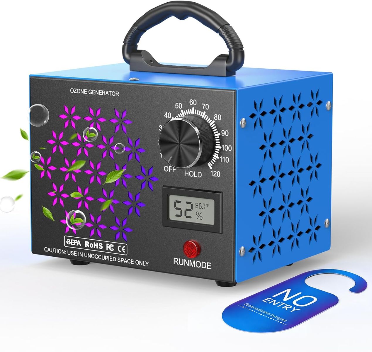 NEW 120,000mg/h Ozone Generator Machine with Temp/Humidity Display, Triple Side Vents for Enhanced Airflow - Faster & Wider
