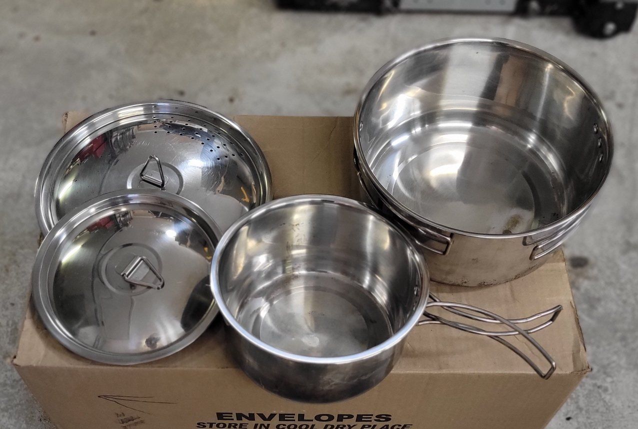 Camping Cookware Set: Blue Plastic Plates, Egg Storage Box, Stainless Steel Thermal Carafe, and Cookware Set
