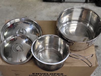 Camping Cookware Set: Blue Plastic Plates, Egg Storage Box, Stainless Steel Thermal Carafe, and Cookware Set